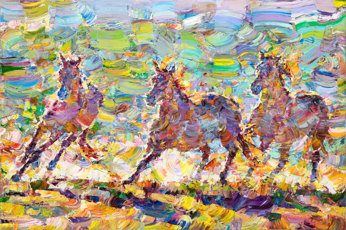 翁明哲｜三馬奔馳 72×108cm 油彩畫布 2025