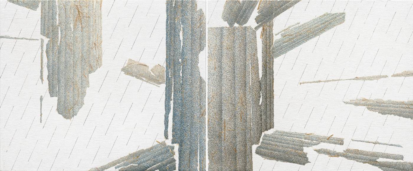 吳上瑋|細雨迷離 56×135cm×2 手工麻紙、墨、壓克力、麻布 2025