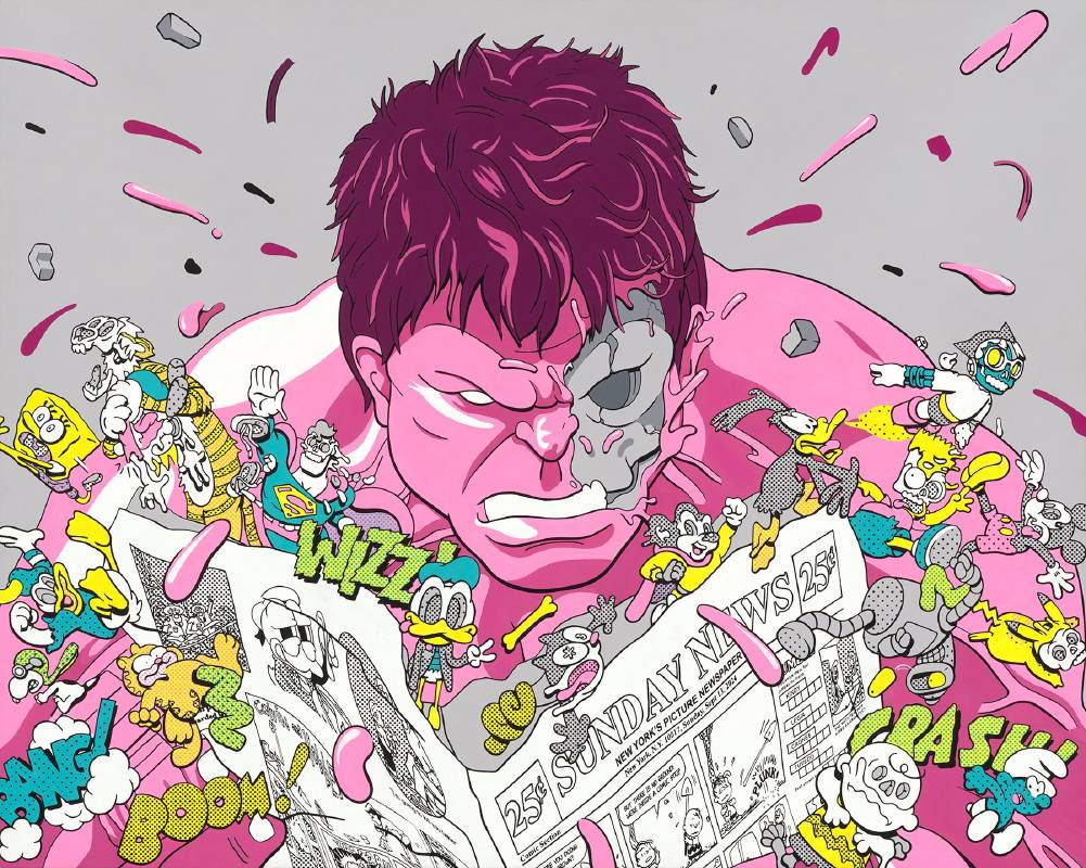 麥特•剛迪克，看報紙的粉紅浩克 Pink Hulk Reading Newspaper，壓克力 ‧ 畫布，121.5 x 150.5cm，2025年