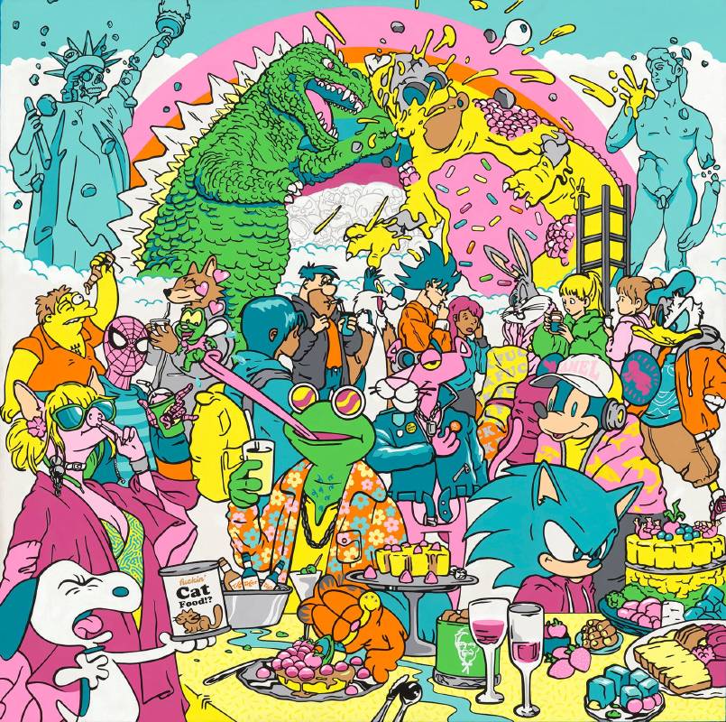 麥特•剛迪克，天堂的午餐高峰時刻 Lunch Rush In Heaven，壓克力 ‧ 畫布，121 x 120cm，2025年