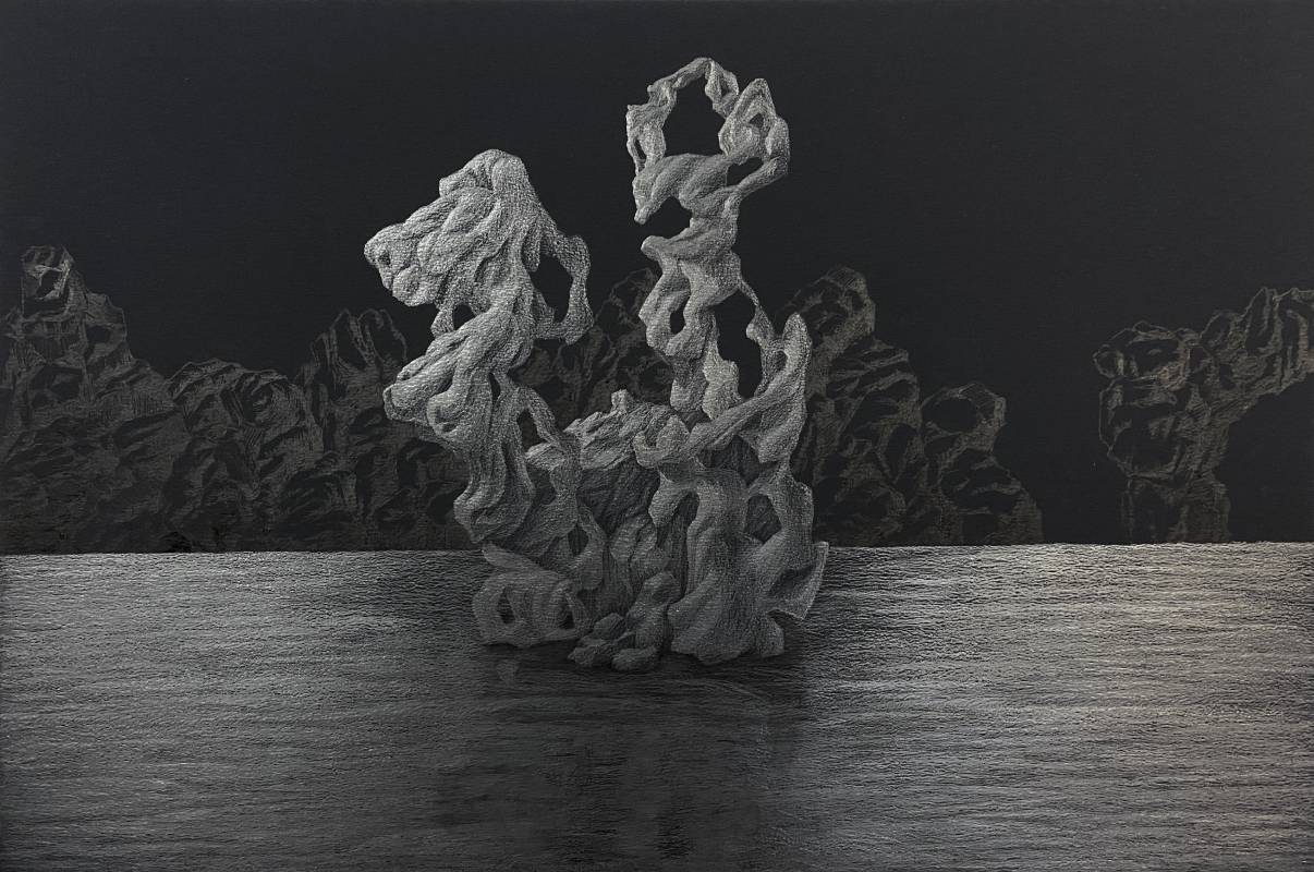 黃立穎 Huang Li Ying ｜奇石51	Unusual Stones 51, 石墨、木板 Graphite, Wood Board, 49x75 cm, 2022