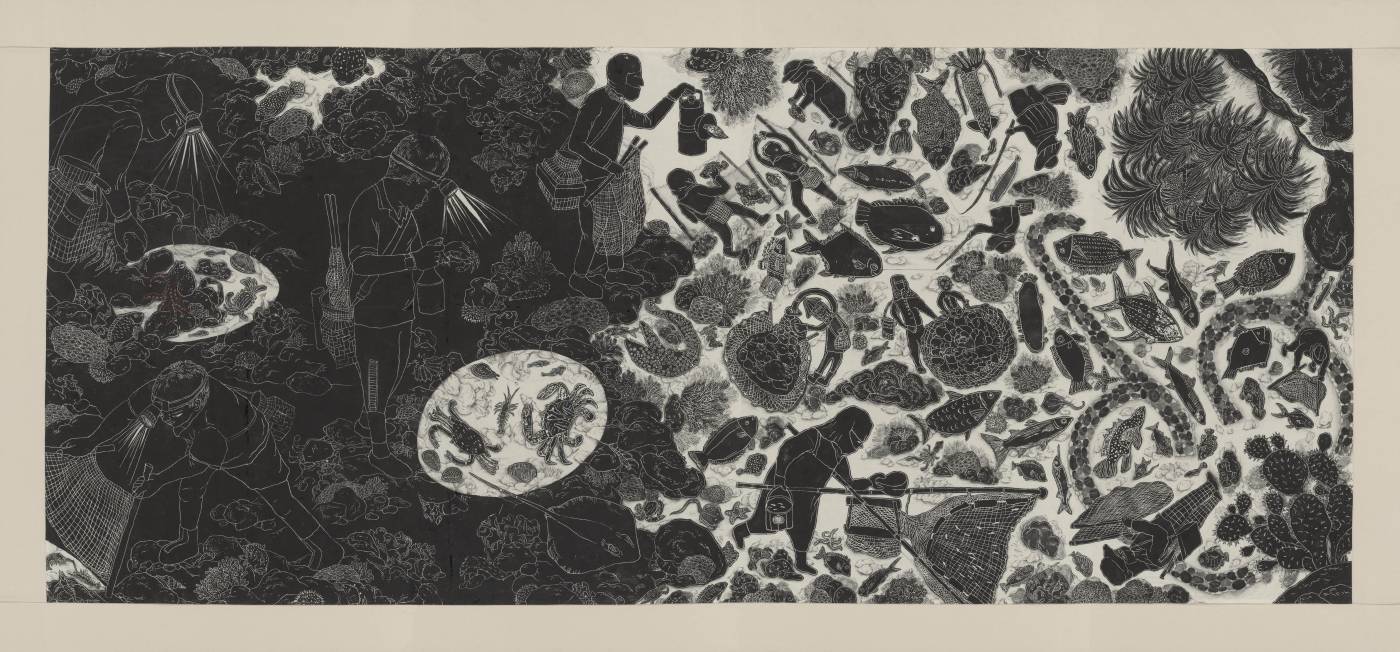 王秀茹_去海的身影_油墨 代針筆 繡線 棉布 帆布_418x196cm_2025