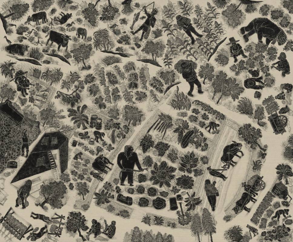 王秀茹_菜宅山耕的日常_油墨 代針筆 棉布_240x210cm_2025