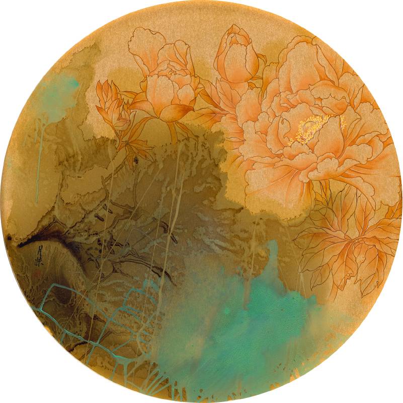 鄭月妹│知心國色 直徑80cm 水墨複合媒材、日本金箋紙 2025