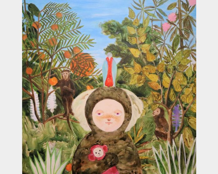 「猴子與鸚鵡的怪異風景」與穿著狨服裝的孩子 「サルとオウムのエキゾチックな風景」と  コモンマーモセットのるみを着た子供 