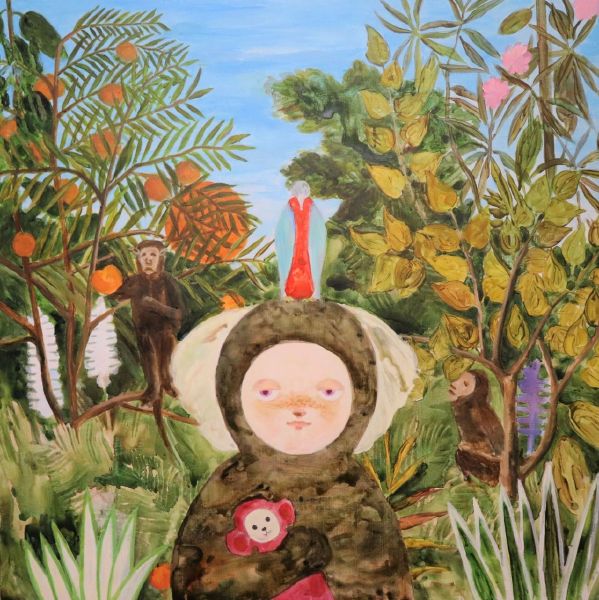 楠章-「サルとオウムのエキゾチックな風景」と  コモンマーモセットのるみを着た子供 