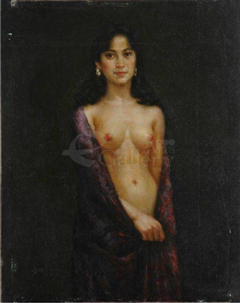 葉錫祚-披暗紅圍巾的全身女人體