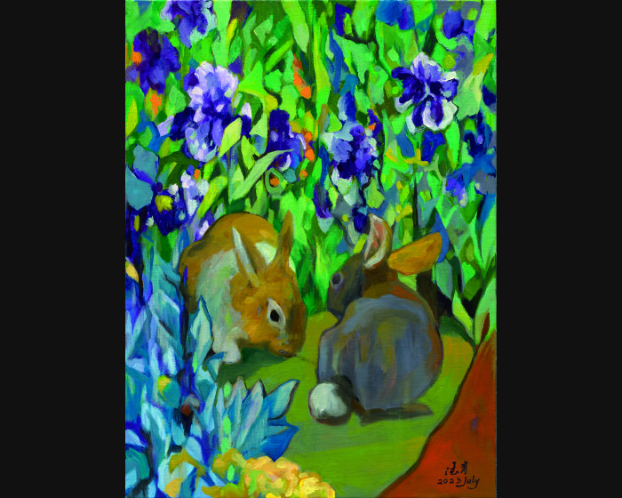 雙兔紫鳶      Two Rabbits amid  Purple Irises