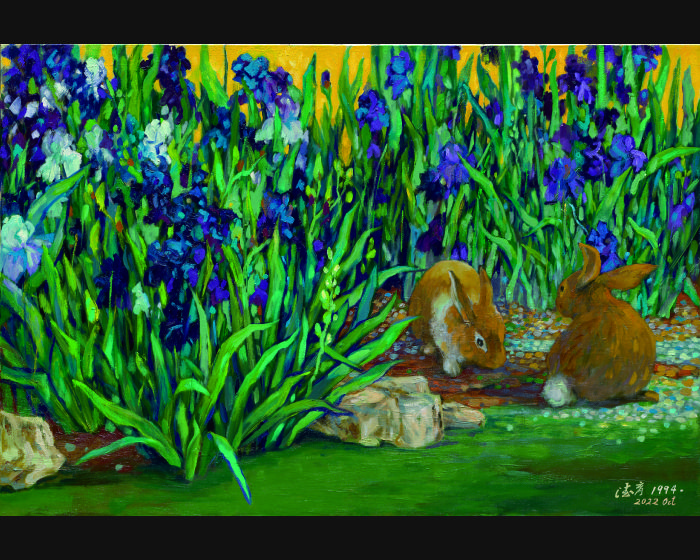 雙兔戀紫鳶 Two Rabbits Obsessed  with Purple Irises