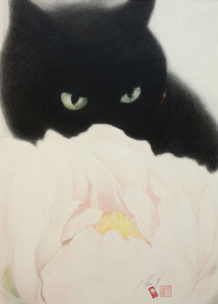 高橋行雄-芍藥與黑猫 Paeonia and black cat　