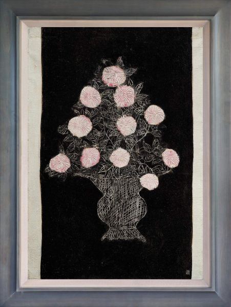 常玉-（含框）常玉版畫 黑底淨白粉菊 White and Pink Chrysanthemums in a Navy Black Background