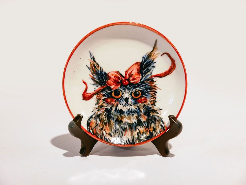 樂融工坊——陳宣亦&吳紫瑄-陶瓷藝品--貓頭鷹盤-紅邊