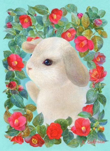 瑞慶覽香織-二月 山茶花和吉祥兔 藪椿と縁起うさぎFebruary Camellia And Auspicious Rabbit