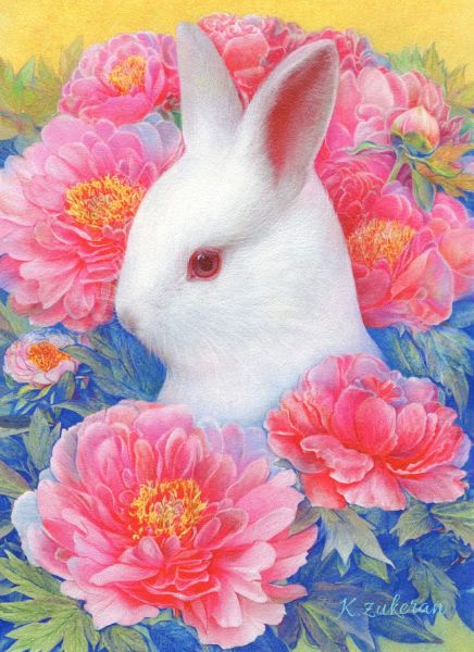 瑞慶覽香織-四月 牡丹吉祥兔 牡丹と縁起うさぎ  April Peony Auspicious Rabbit