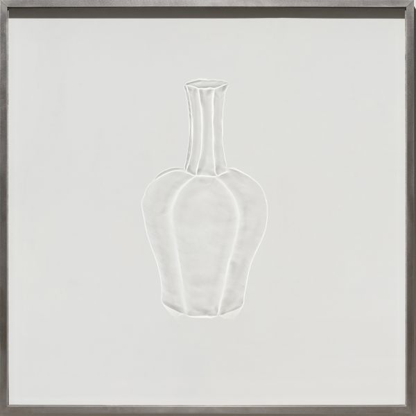 Sangmin Lee-White Porcelain Bottle with Bevelled sides blue and White; longevity symbols design 