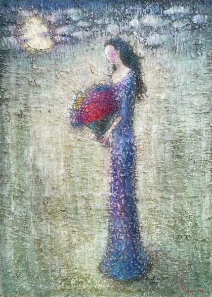 弓手研平-Blue Dress and  Bouquet on a Moonlit Night