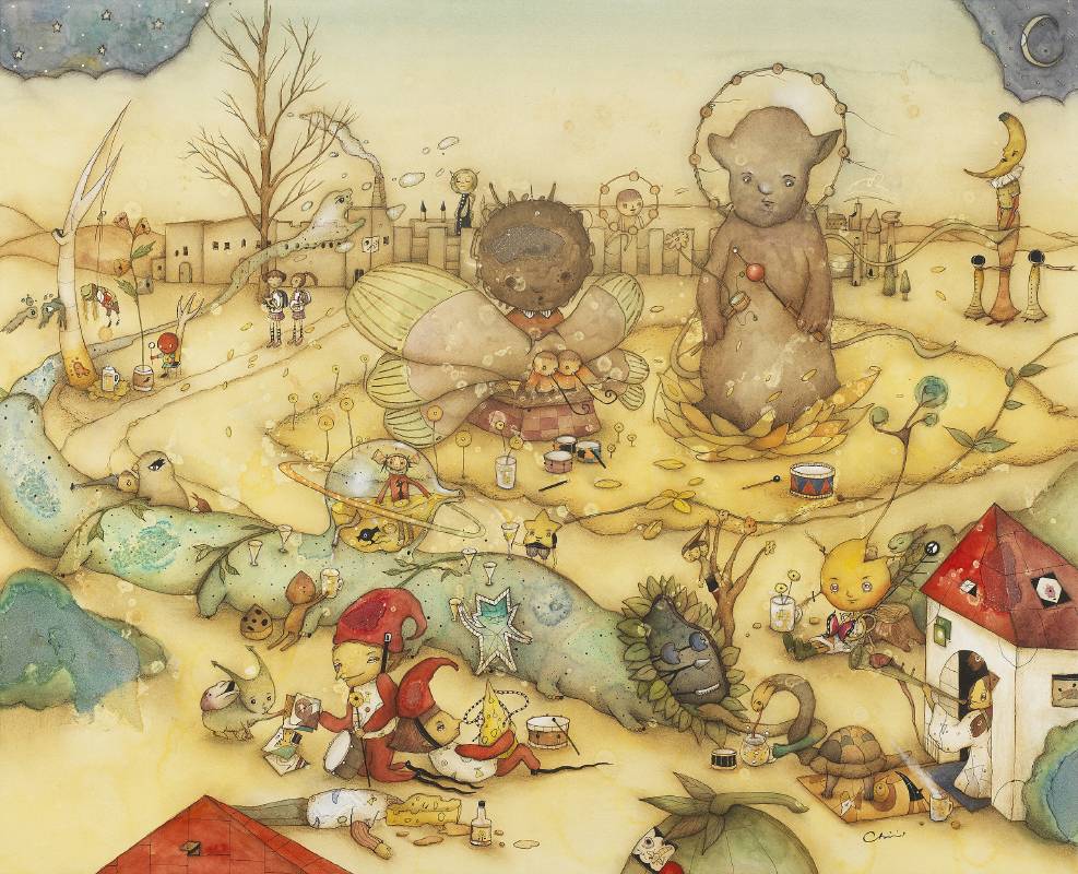中原千尋 / The Schoolyard with Golden Wine / 65×85cm / 混合媒材紙本 / 2025