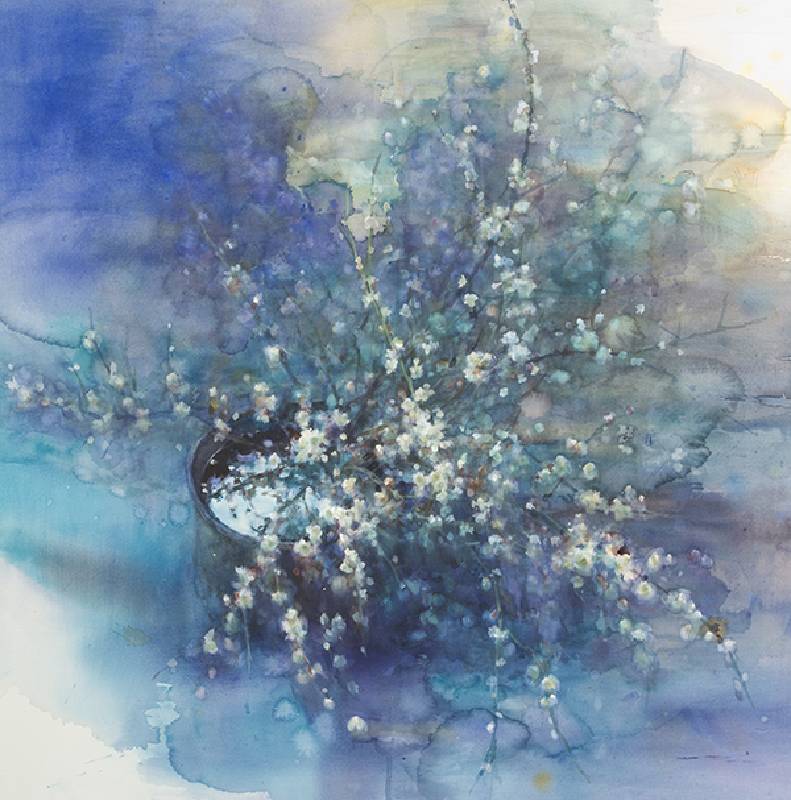藝術家：永山裕子　　標題： 藍調花語　　尺寸：92*90 cm	　年代：2014　   材質：水彩 / 紙本