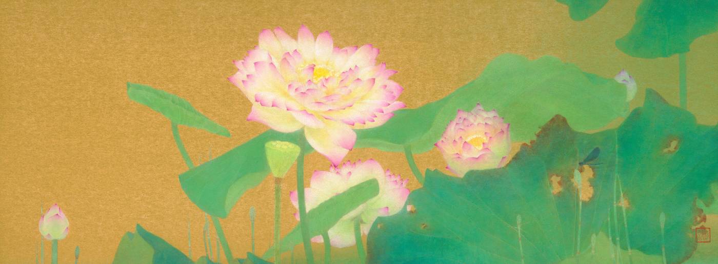 藝術家：徐聖淵　　標題：翠印  　　尺寸：35 * 94 cm  　材質：岩彩／金箋　　年代：2023　