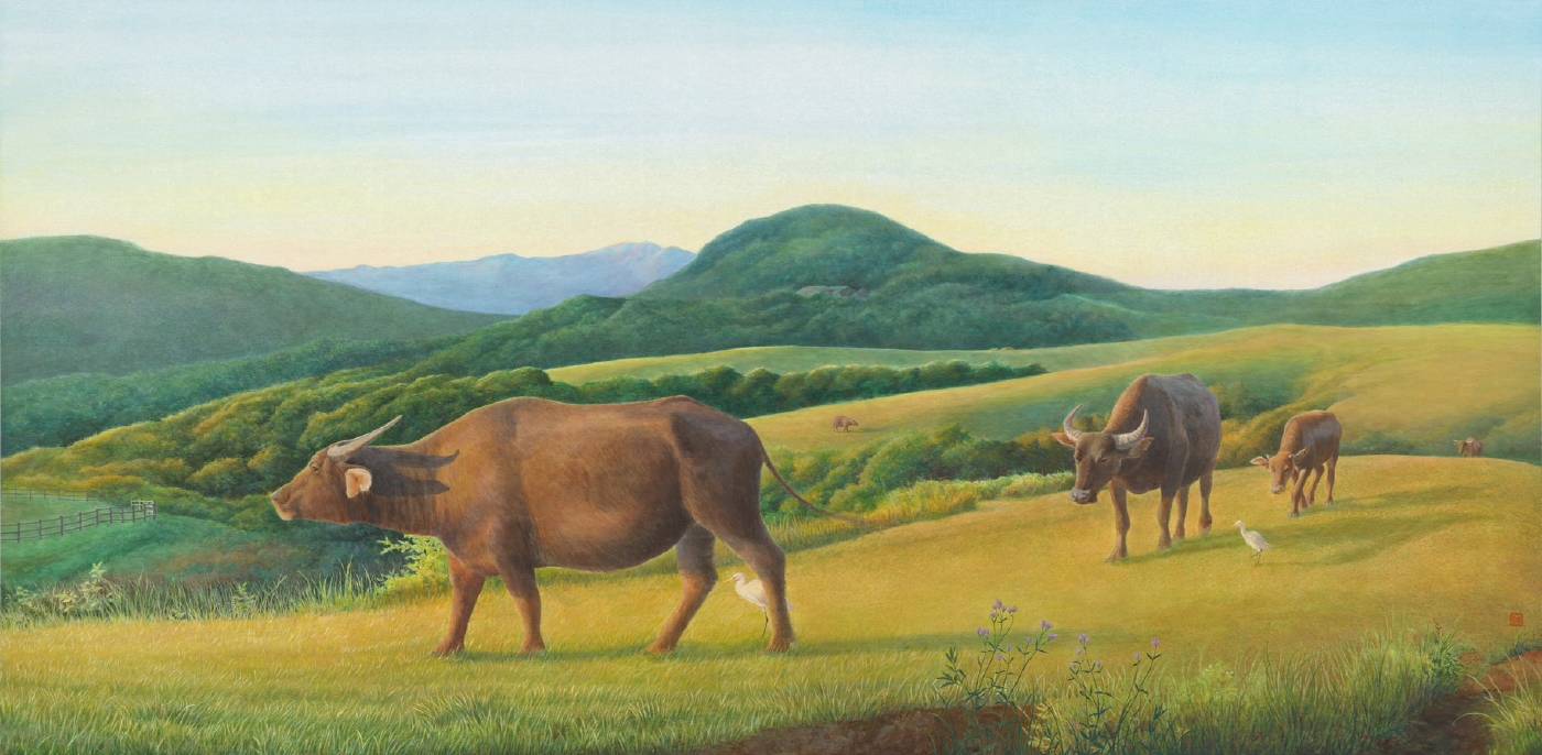 藝術家：林貞君　　標題：向晚相隨      尺寸： 44 * 89.5 cm (20)      材質：岩彩 / 銀箋  　　年代：2024　