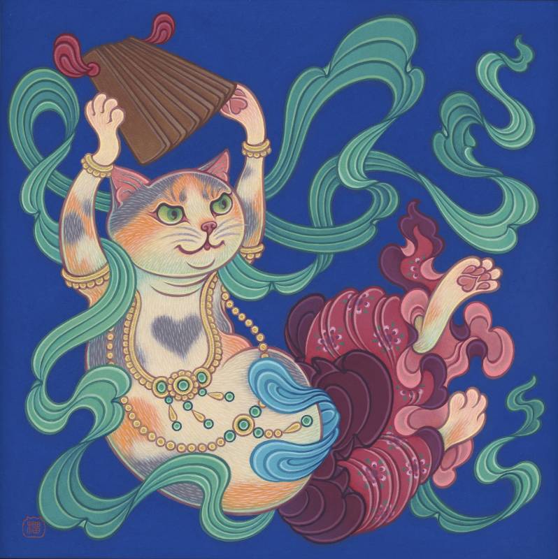 藝術家：柘榴君　　標題： 拍板-伎樂飛天貓之三  　尺寸：  36 x 36 cm (6.5)    材質： 岩彩 / 紙本  　　年代：2024　