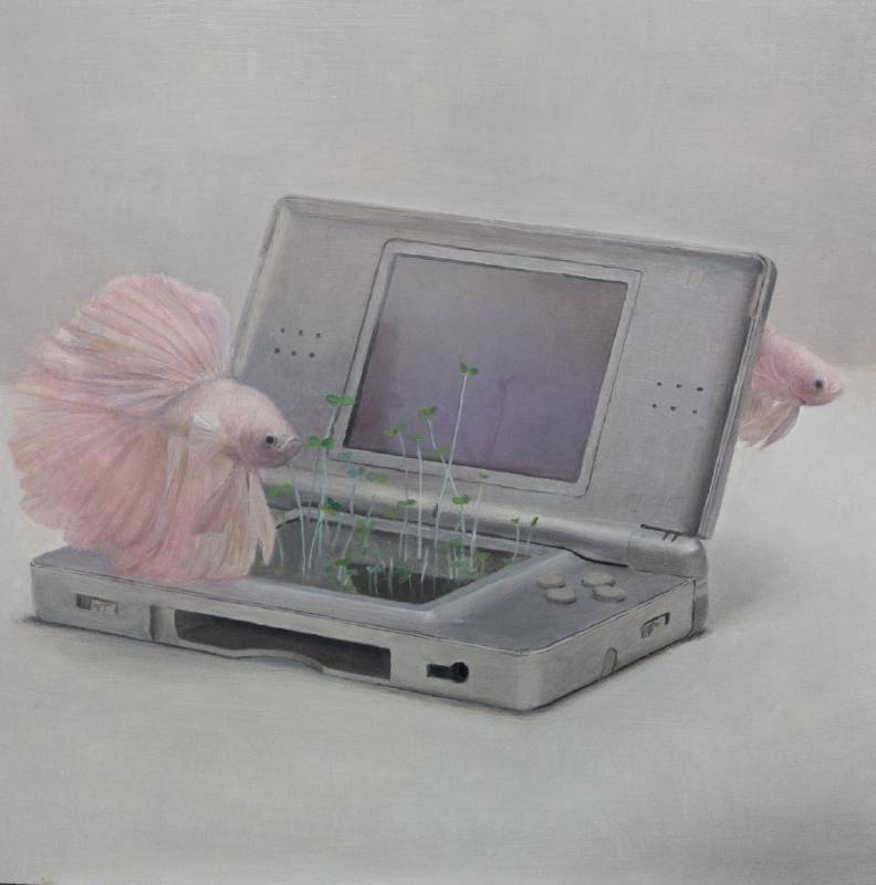 藝術家：魏柏鈞　　標題：共存　　尺寸：50 * 50 cm  　材質：油畫／畫布　　年代：2025