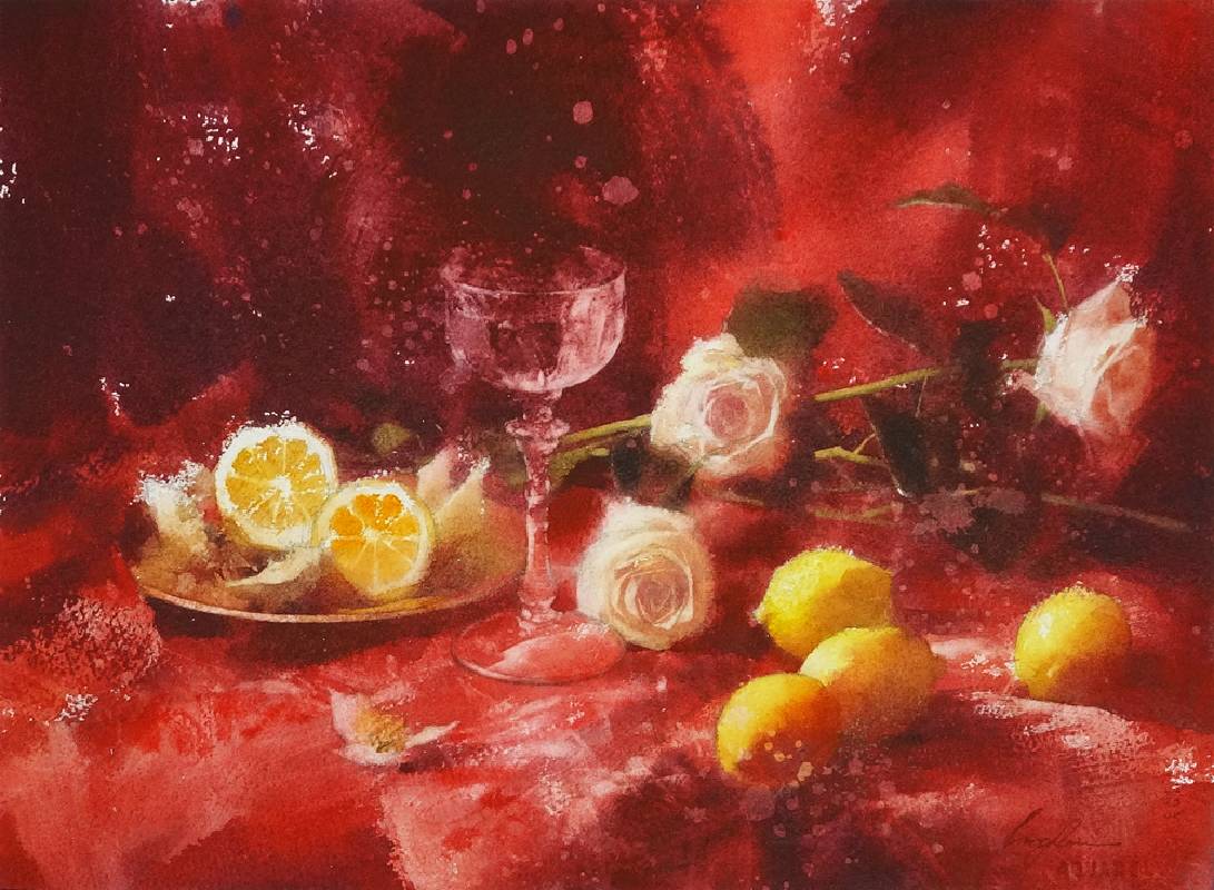 藝術家：賴永霖　　標題：有白花的靜物　     尺寸：27 * 37 cm  　材質：水彩／紙本　　年代：2024