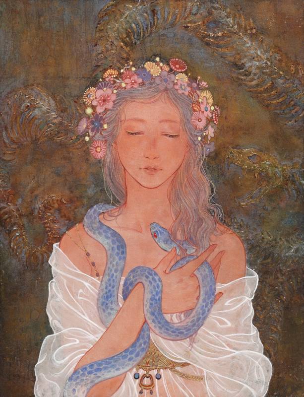 羅 上 宇　　 千年前的你 　40 * 30 cm (6)　　 膠彩、紙本、銅箔　	2023 