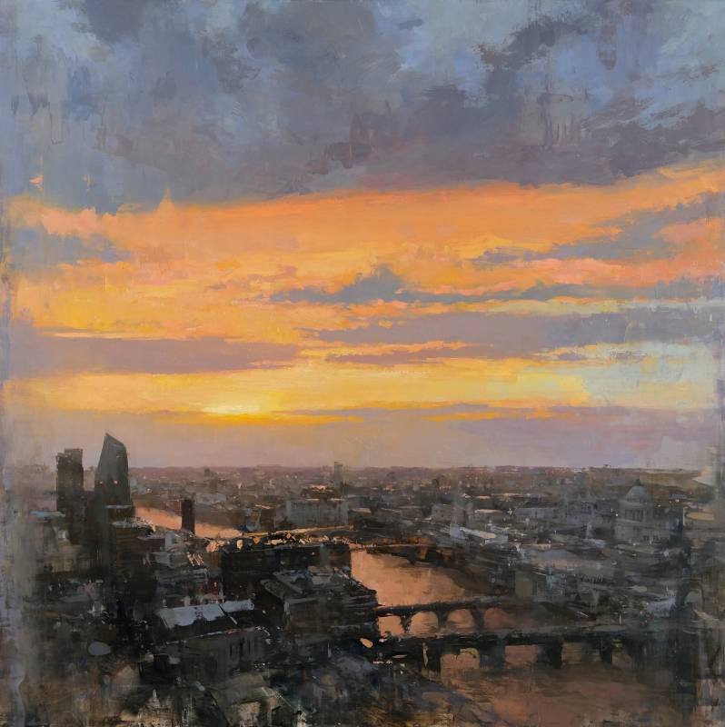 曾新耀　　泰晤士河上的一道橙色反光 　　 91.5 * 91.5 cm  　油畫／畫板　 2025