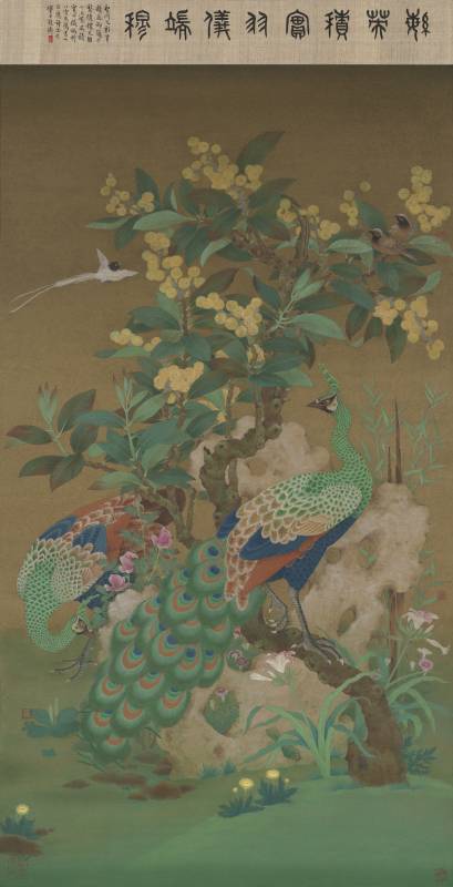 徐聖淵　　與古為徒2 變臨-枇杷孔雀圖　　  178 * 92 cm 　　 岩彩／銀箋紙　　2025