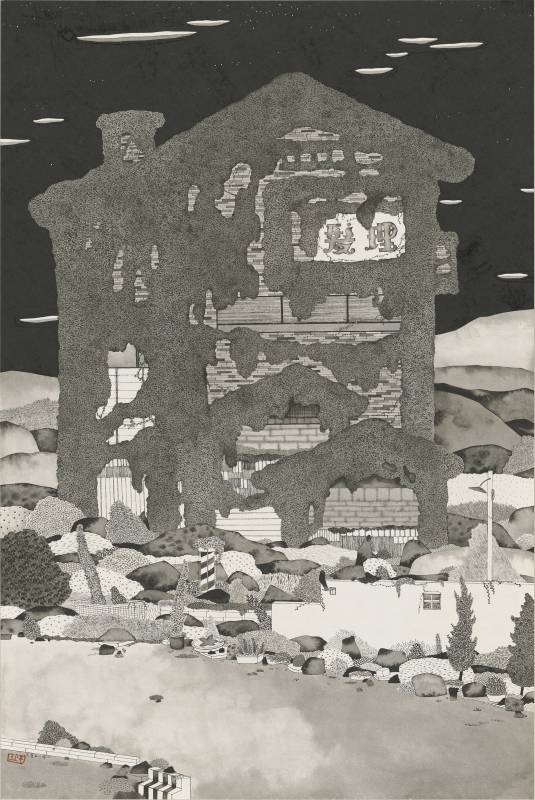 邱奕寧　　昨日的街角　　69.4 * 46.4 cm 　　水墨設色紙本　2025