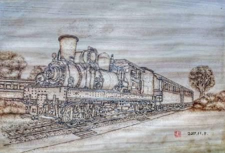林容德-阿里山蒸氣火車烙畫 Alishan steam train pyrography
