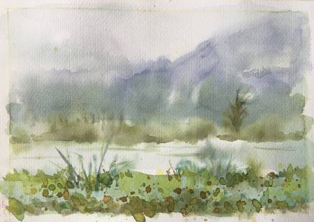 鄭素雲-高雄大樹區高屏溪與山嵐景色、16K水彩速寫