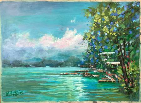 鄭素雲-日月潭夏日風光，壓克力顏料與4K厚紙卡