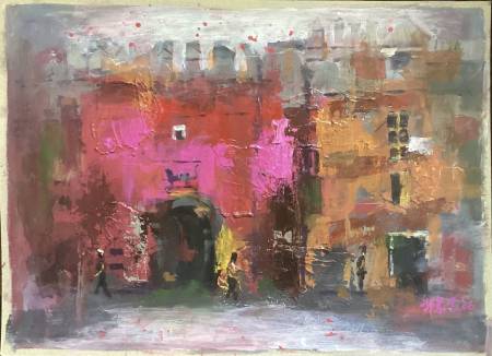 鄭素雲-西班牙塞維亞教堂旁的舊城牆景色‘，4K壓克力顏料