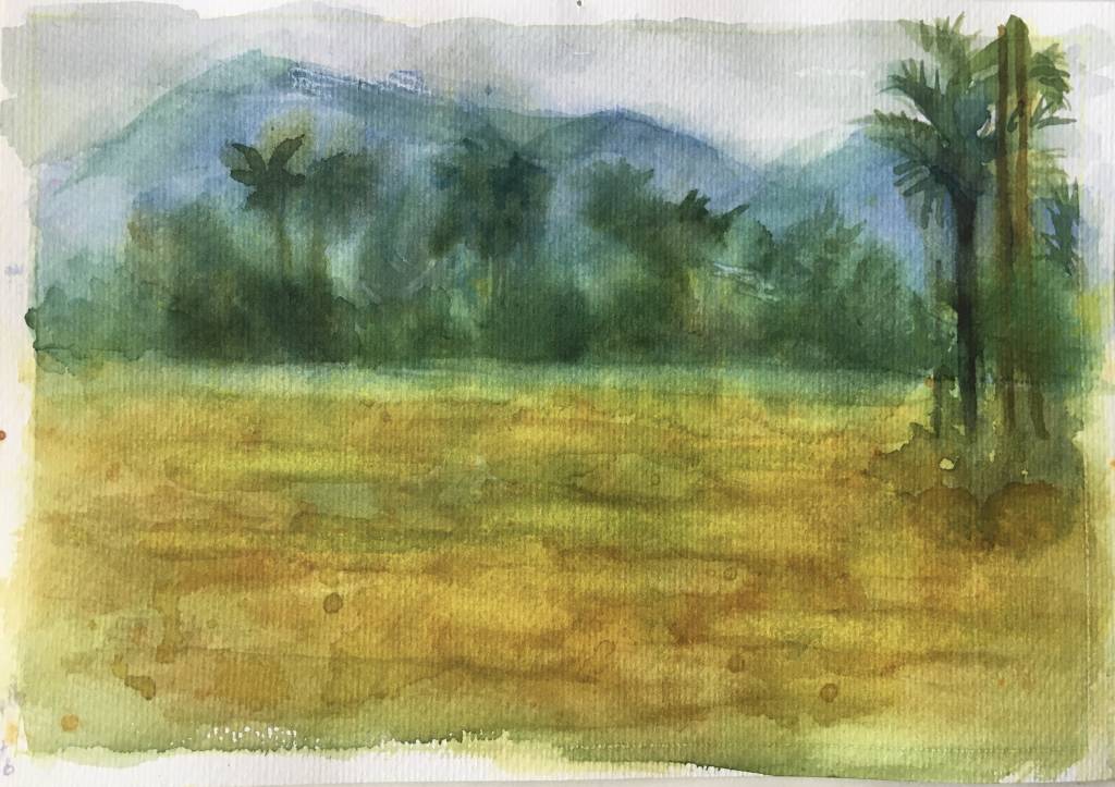 鄭素雲-高雄大樹區稻田與山嵐景色，16K水彩與色鉛筆速寫