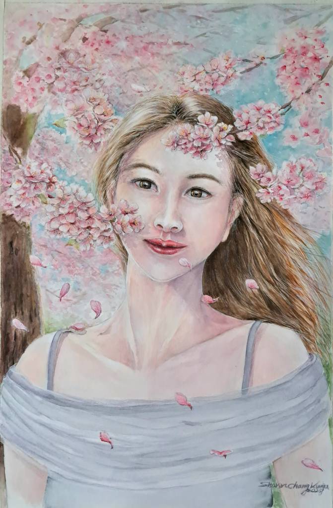 張貴雅-桜が舞い散る頃の笑顔(大幅) (中文: 櫻花繽紛飛舞時的歡顏) 