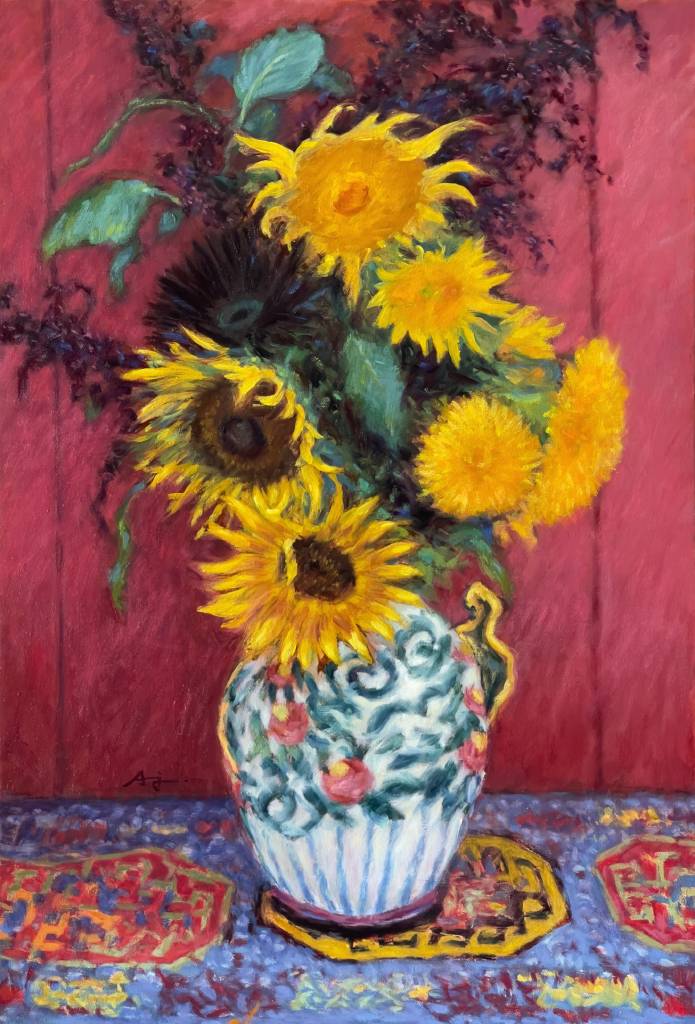 魏安杰-紅色背景中的向日葵