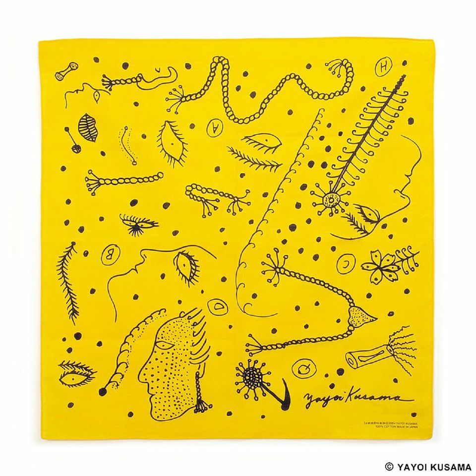 多納藝術 草間彌生描繪臉譜方巾 黃 Yayoi Kusama Bandana Yellow 非池中藝術網