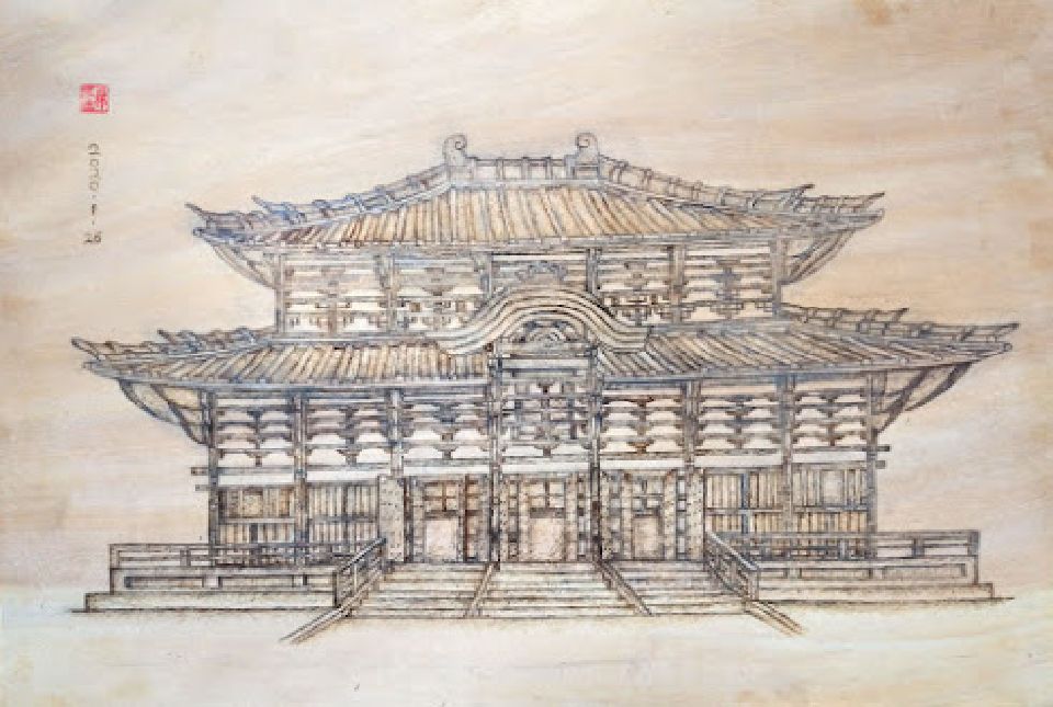 利用手工烙畫技法，描繪出日本東大寺的整體建築結構風格 Use manual pyrography techniques to depict the overall architectural style of Todaiji Temple in Japan