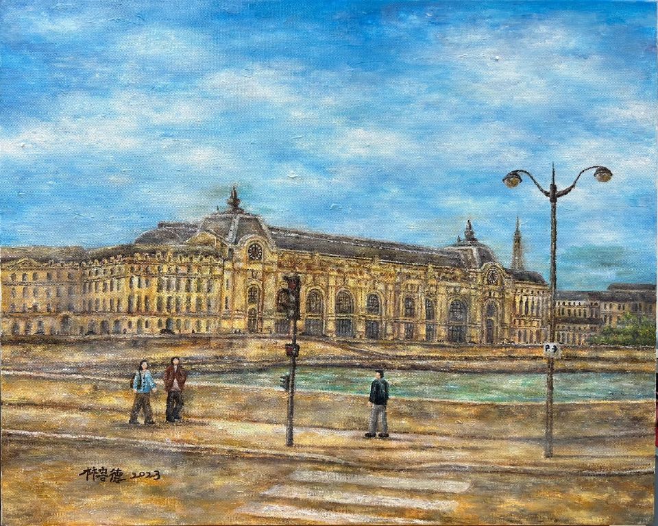 壓克力顏料油畫風格帶有靈氣動態的筆觸，描繪出法國巴黎市區最具有歷史代表的知名美術館。 The acrylic paint oil painting style with aura-dynamic brushstrokes depicts the most historically representative well-known art museum in Paris, France.