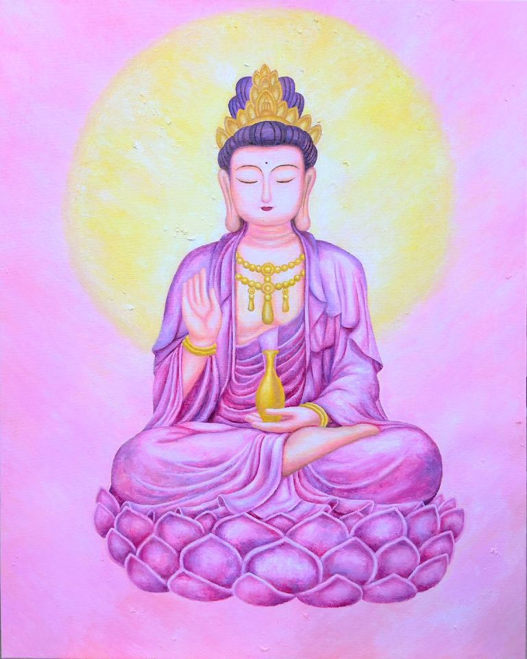 典雅粉紫羽金黃色之中帶有莊嚴氣派的創作理念描繪出慈祥和柔和的觀音菩薩畫像The elegant pinkish-purple feathers and golden yellow hues, imbued with a solemn and dignified artistic concept, depict a compassionate and gentle image of Guanyin Bodhisattva.